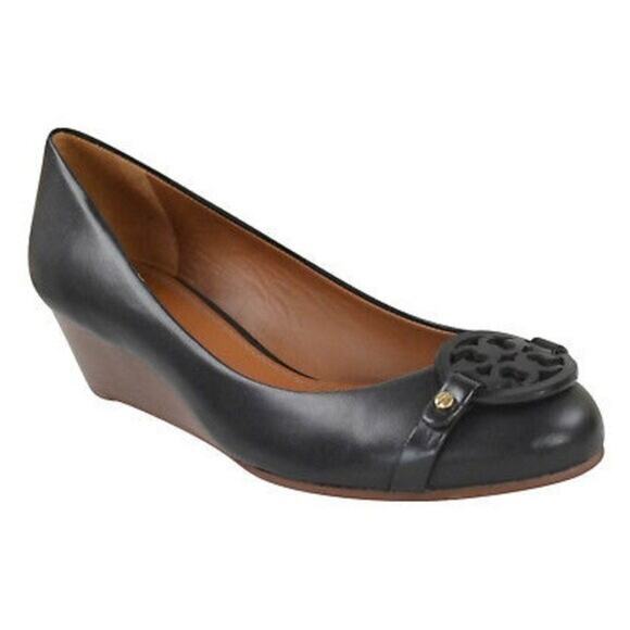 Tory Burch Mini Miller 45MM Black Wedge Pump Leather Round Toe Slip On Logo 10 M - Picture 1 of 10